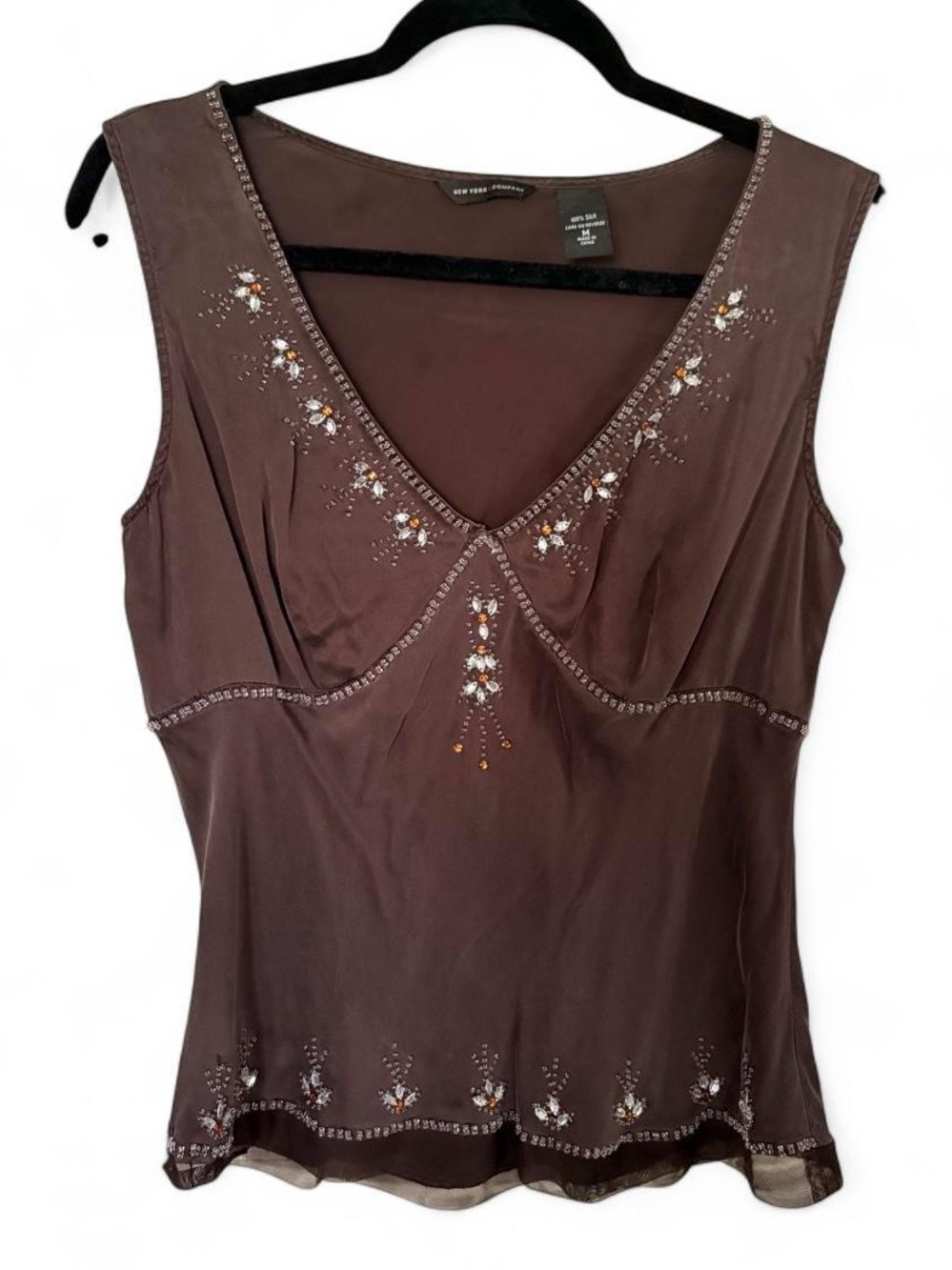 New York &Company Brown Sleeveless Silk V-neck Beaded Camisole Tank Top Blouse M